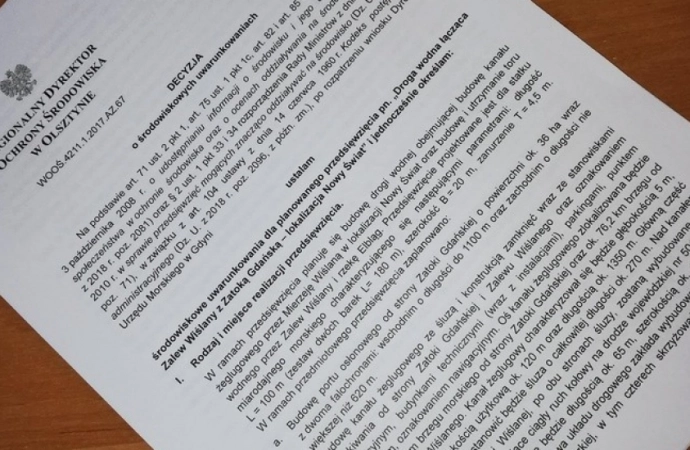 Regionalna Dyrekcja Ochrony Środowiska w Olsztynie wydała decyzję zezwalającą na budowę kanału żeglugowego przez Mierzeję Wiślaną.